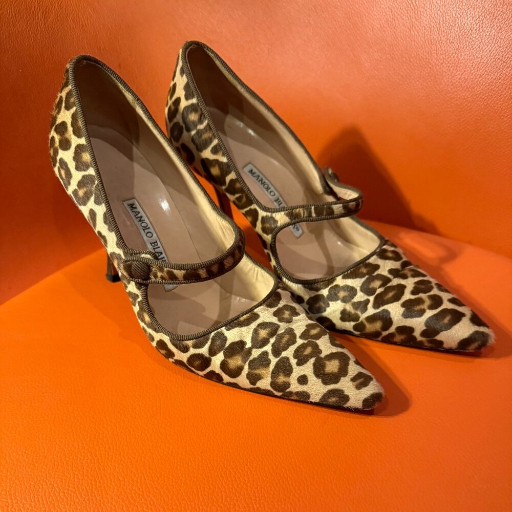 Manolo Blahnik Leopard Print Calf Hair Sexy Mary Janes